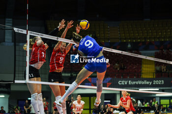 2023-08-16 - Edina Begic #9 of Bosnia-Herzegovina during CEV EuroVolley 2023 women Final Round Pool B volleyball match between Switzerland and Bosnia-Herzegovina at Arena di Monza, Monza, Italy on August 16, 2023 - CEV EUROVOLLEY 2023 - WOMEN - SWITZERLAND VS BOSNIA & HERZEGOVINA - INTERNATIONALS - VOLLEYBALL