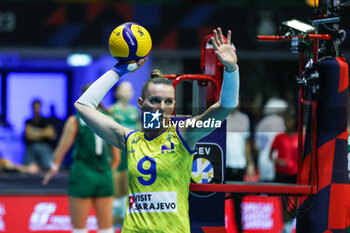 2023-08-17 - Edina Begic #9 of Bosnia-Herzegovina warms up during CEV EuroVolley 2023 women Final Round Pool B volleyball match between Bosnia-Herzegovina and Bulgaria at Arena di Monza, Monza, Italy on August 17, 2023 - CEV EUROVOLLEY 2023 - WOMEN - BOSNIA & HERZEGOVINA VS BULGARIA - INTERNATIONALS - VOLLEYBALL