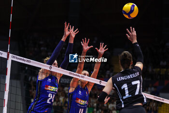 2023-08-18 - Ekaterina Antropova #24 of Italy and Anna Danesi #11 of Italy seen in action during CEV EuroVolley 2023 women Final Round Pool B volleyball match between Italy and Zwitzerland at Arena di Monza, Monza, Italy on August 18, 2023 - CEV EUROVOLLEY 2023 - WOMEN - ITALY VS SWITZERLAND - INTERNATIONALS - VOLLEYBALL