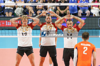 2023-09-09 - Germany's Anton Brehme, Germany's Gyorgy Grozer and Germany's Moritz Karlitzek - EIGHT FINAL - THE NETHERLAND VS GERMANY - CEV EUROVOLLEY MEN - VOLLEYBALL