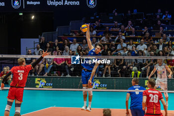 2023-08-28 - Spike of LAVIA Daniele (Italy) during the CEV EuroVolley 2023 men Final Round Pool A, match between Italy and Belgium at Unipol Arena Bologna, Italy, on August 28, 2023 - CEV EUROVOLLEY 2023 - MEN - BELGIUM VS ITALY - INTERNATIONALS - VOLLEYBALL