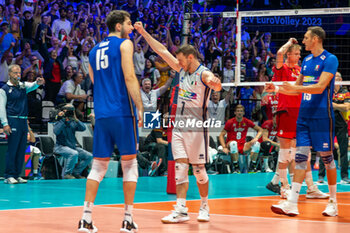 2023-08-28 - Exultation of BALASO Fabio (Italy) after scoring a match point during the CEV EuroVolley 2023 men Final Round Pool A, match between Italy and Belgium at Unipol Arena Bologna, Italy, on August 28, 2023 - CEV EUROVOLLEY 2023 - MEN - BELGIUM VS ITALY - INTERNATIONALS - VOLLEYBALL