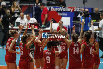 2023-08-23 - Team Bulgaria celebrating after wining the game during the CEV EuroVolley 2023 match between the national teams of Switzerland and Bulgaria, on 23 August 2023 at pala Giani Asti Turin Italy. Photo Nderim KACELI - CEV EUROVOLLEY 2023 - WOMEN - SWITZERLAND VS BULGARIA - INTERNATIONALS - VOLLEYBALL