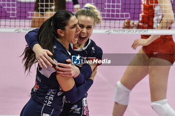 2023-12-03 - Katerina Zakchaiou and Anna Gray of Chieri '76 celebrates her team's points during Serie A1 Femminile match between Reale Mutua Fenera Chieri '76 and UYBA Volley Busto Arsizio at Palafenera, Chieri (TO) - REALE MUTUA FENERA CHIERI 76 VS UYBA VOLLEY BUSTO ARSIZIO - SERIE A1 WOMEN - VOLLEYBALL