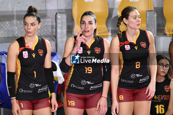2023-12-03 - Erblira Bici, Margherita Muzi and Michela Rucli of Roma Volley Club during the 10th round of the Serie A1 Women's Volleyball Championship between Roma Volley Club and Honda Olivero S. Bernardo Cuneo on 3 December 2023 at the Palazzetto dello Sport in Rome. - ROMA VOLLEY CLUB VS CUNEO GRANDA VOLLEY - SERIE A1 WOMEN - VOLLEYBALL