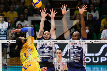 2023-03-26 - Earvin Ngapeth, Antonie Brizard and Aties Simon (Valsa Group Modena)(Gas Sales Bluenergy Piacenza) In action during the match of Gara 3 quarter of final Playoff Scudetto SuperLega championship season 22/23 at Palapanini in Modena (Italy) on 26th of March 2023
 - PLAY OFF - VALSA GROUP MODENA VS GAS SALES BLUENERGY PIACENZA - SUPERLEAGUE SERIE A - VOLLEYBALL