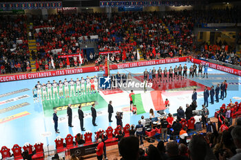 2023-05-10 - The players of Cucine Lube Civitanova and the players of Itas Trentino lined up on the field for the national anthem - PLAY OFF - FINAL - CUCINE LUBE CIVITANOVA VS ITAS TRENTINO - SUPERLEAGUE SERIE A - VOLLEYBALL