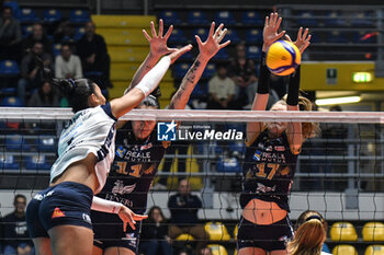 2023-11-14 - Martha Anthouli and Camilla Weitzel of Chieri '76 defend during Volley CEV match between Reale Mutua Fener Chieri '76 and FKB Power Cats Dudingen Volley Freuen at PalaRuffini, Torino - REALE MUTUA FENERA CHIERI VS FKB POWER CATS DUDINGEN - CEV CUP WOMEN - VOLLEYBALL
