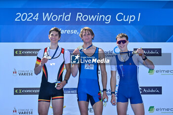2024-04-13 - Lightweight Men's Single Sculls Final : Arno Gaus (GER) second place - Patrick Rocek (ITA) the winner - Peter Strecansky (SVK) third place - WORLD ROWING CUP - ROWING - OTHER SPORTS