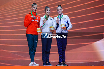 2024-05-26 - (L-R) Podium Finals Ball Senior with Fanni Pigniczki (HUN) silver medal, Sofia Raffaeli (ITA) gold medal and Daniela Munits (ISR) bronze medal during 40th European Rhythmic Gymnastics Championships Budapest 2024 at Papp Laszlo Budapest Sportarena, Budapest, Hungary on May 26, 2024 - 40TH EUROPEAN RHYTHMIC CHAMPIONSHIPS SENIOR INDIVIDUALS & GROUPS AND JUNIOR INDIVIDUALS - GYMNASTICS - OTHER SPORTS