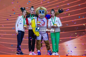 2024-05-26 - (L-R) Podium Finals Ribbon Senior with Sofia Raffaeli (ITA) silver medal, Darja Varfolomeev (GER) gold medal and Elvira Krasnobaeva (BUL) bronze medal during 40th European Rhythmic Gymnastics Championships Budapest 2024 at Papp Laszlo Budapest Sportarena, Budapest, Hungary on May 26, 2024 - 40TH EUROPEAN RHYTHMIC CHAMPIONSHIPS SENIOR INDIVIDUALS & GROUPS AND JUNIOR INDIVIDUALS - GYMNASTICS - OTHER SPORTS