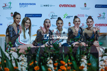 2024-05-26 - Italy group team celebrate during 40th European Rhythmic Gymnastics Championships Budapest 2024 at Papp Laszlo Budapest Sportarena, Budapest, Hungary on May 26, 2024 - 40TH EUROPEAN RHYTHMIC CHAMPIONSHIPS SENIOR INDIVIDUALS & GROUPS AND JUNIOR INDIVIDUALS - GYMNASTICS - OTHER SPORTS