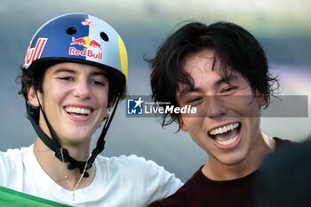 2024-09-07 - Gui Khury and Augusto Akio, celebrate the victory, during the World Skate Games Italy 2024 specialty Skateboard Vert, Rome Pincio terrace 09 September 2024 - WORLD SKATE GAMES ITALIA 2024 - SKATEBOARD VERT SPECIALITY - SKATEBORD - OTHER SPORTS