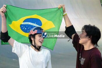 2024-09-07 - Gui Khury and Augusto Akio, celebrate the victory, during the World Skate Games Italy 2024 specialty Skateboard Vert, Rome Pincio terrace 09 September 2024 - WORLD SKATE GAMES ITALIA 2024 - SKATEBOARD VERT SPECIALITY - SKATEBORD - OTHER SPORTS