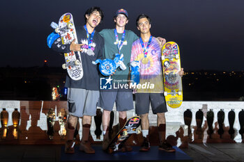 2024-09-07 - The men's podium for the awards ceremony, during the World Skate Games Italy 2024 specialty Skateboard Vert, Rome Pincio terrace 09 September 2024 - WORLD SKATE GAMES ITALIA 2024 - SKATEBOARD VERT SPECIALITY - SKATEBORD - OTHER SPORTS