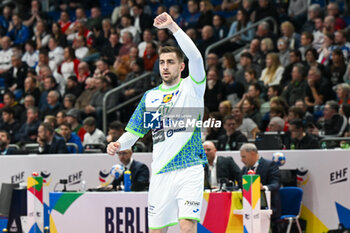 2024-01-11 - Happiness of Nejc Cehte (Slovenia) after scores a goal during the Men’s EHF Euro 2024 match between Slovenia vs. Faroe Islands at the Mercedes-Benz Arena in Berlin, Germany - MEN'S EHF EURO 2024 - SLOVENIA VS FAROE ISLAND - HANDBALL - OTHER SPORTS