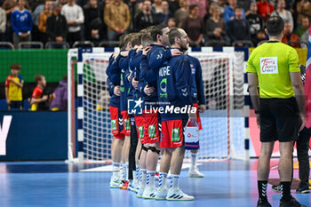 2024-01-11 - Norway lined up for the national anthems ceremony during the Men’s EHF Euro 2024 match between Norway vs. Poland at the Mercedes-Benz Arena in Berlin, Germany - MEN'S EHF EURO 2024 - NORWAY VS POLAND - HANDBALL - OTHER SPORTS