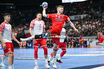 2024-01-11 - Sebastian Hein Barthold (Norway) scores a goal during the Men’s EHF Euro 2024 match between Norway vs. Poland at the Mercedes-Benz Arena in Berlin, Germany - MEN'S EHF EURO 2024 - NORWAY VS POLAND - HANDBALL - OTHER SPORTS