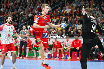 2024-01-11 - Kristian Bjornsen (Norway) scores an underarm goal during the Men’s EHF Euro 2024 match between Norway vs. Poland at the Mercedes-Benz Arena in Berlin, Germany - MEN'S EHF EURO 2024 - NORWAY VS POLAND - HANDBALL - OTHER SPORTS