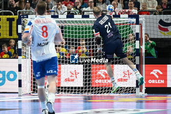 2024-01-13 - Magnus Gullerud (Norway) scores an empty goal during the Men’s EHF Euro 2024 match between Faroe Islands vs.Norway at the Mercedes-Benz Arena in Berlin, Germany - MEN'S EHF EURO 2024 - FAROE ISLANDS VS NORWAY - HANDBALL - OTHER SPORTS