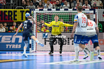 2024-01-13 - Magnus Gullerud (Norway) from 7 meter penalty during the Men’s EHF Euro 2024 match between Faroe Islands vs.Norway at the Mercedes-Benz Arena in Berlin, Germany - MEN'S EHF EURO 2024 - FAROE ISLANDS VS NORWAY - HANDBALL - OTHER SPORTS