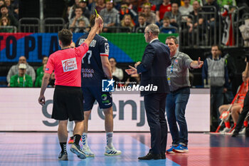 2024-01-13 - Yellow Card for Head Coach Peter Bredsdorff-Larsen (Faore Islands) during the Men’s EHF Euro 2024 match between Faroe Islands vs.Norway at the Mercedes-Benz Arena in Berlin, Germany - MEN'S EHF EURO 2024 - FAROE ISLANDS VS NORWAY - HANDBALL - OTHER SPORTS