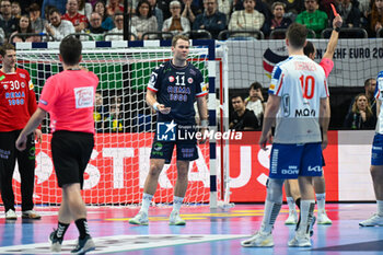 2024-01-13 - Red Card for Petter Overby (Norway) during the Men’s EHF Euro 2024 match between Faroe Islands vs.Norway at the Mercedes-Benz Arena in Berlin, Germany - MEN'S EHF EURO 2024 - FAROE ISLANDS VS NORWAY - HANDBALL - OTHER SPORTS