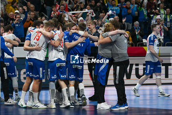 2024-01-13 - Happiness of Faroe Islands after they got at last 4 seconds the tie at the Men’s EHF Euro 2024 match between Faroe Islands vs.Norway at the Mercedes-Benz Arena in Berlin, Germany - MEN'S EHF EURO 2024 - FAROE ISLANDS VS NORWAY - HANDBALL - OTHER SPORTS
