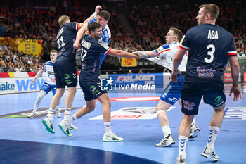 2024-01-13 - Elias Ellefsen a Skipagotu (Faore Islands) in action against Magnus Gullerud (Norway) and Harald Reinkind (Norway) during the Men’s EHF Euro 2024 match between Faroe Islands vs.Norway at the Mercedes-Benz Arena in Berlin, Germany - MEN'S EHF EURO 2024 - FAROE ISLANDS VS NORWAY - HANDBALL - OTHER SPORTS