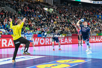 2024-01-13 - Alexandre Christoffersen Blonz (Norway) scores a goal from 7 meter during the Men’s EHF Euro 2024 match between Faroe Islands vs.Norway at the Mercedes-Benz Arena in Berlin, Germany - MEN'S EHF EURO 2024 - FAROE ISLANDS VS NORWAY - HANDBALL - OTHER SPORTS