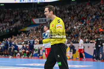 2024-01-14 - Happiness of Nikola Portner (Swiss) after saves the ball during the Men’s EHF Euro 2024 match between Swiss vs. France at the Mercedes-Benz Arena in Berlin, Germany - MEN'S EHF EURO 2024 - SWITZERLAND VS FRANCE - HANDBALL - OTHER SPORTS