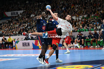 2024-01-14 - Lucas Meister (Swiss) during the Men’s EHF Euro 2024 match between Swiss vs. France at the Mercedes-Benz Arena in Berlin, Germany - MEN'S EHF EURO 2024 - SWITZERLAND VS FRANCE - HANDBALL - OTHER SPORTS