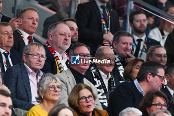 2024-01-14 - Happiness of German Chancellor Olaf Scholz and DBH German Handball Association President Andreas Michelmann German Handball Federation during the Men’s EHF Euro 2024 match between North Macedonia vs. Germany at the Mercedes-Benz Arena in Berlin, Germany - MEN'S EHF EURO 2024 - NORTH MACEDONIA VS GERMANY - HANDBALL - OTHER SPORTS