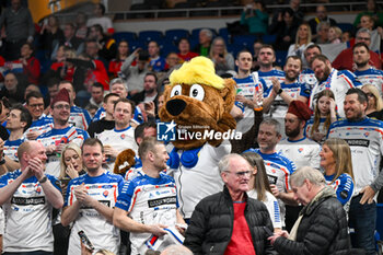 2024-01-15 - Men’s EHF Euro 2024 mascotte with Faroe Islands supporters during the Men’s EHF Euro 2024 match between Poland vs. Faroe Islands at the Mercedes-Benz Arena in Berlin, Germany - MEN'S EHF EURO 2024 - POLAND VS FAROE ISLANDS - HANDBALL - OTHER SPORTS