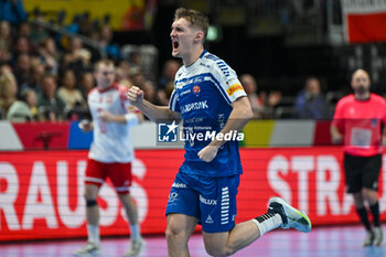 2024-01-15 - Happiness of Leivur Mortensen (Faore Islands) after scores a goal during the Men’s EHF Euro 2024 match between Poland vs. Faroe Islands at the Mercedes-Benz Arena in Berlin, Germany - MEN'S EHF EURO 2024 - POLAND VS FAROE ISLANDS - HANDBALL - OTHER SPORTS