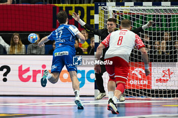 2024-01-15 - 7mt. throw from Hakun West av Teigum (Faore Islands) during the Men’s EHF Euro 2024 match between Poland vs. Faroe Islands at the Mercedes-Benz Arena in Berlin, Germany - MEN'S EHF EURO 2024 - POLAND VS FAROE ISLANDS - HANDBALL - OTHER SPORTS
