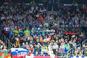 2024-01-15 - Slovenia supporters during the Men’s EHF Euro 2024 match between Norway vs. Slovenia at the Mercedes-Benz Arena in Berlin, Germany - MEN'S EHF EURO 2024 - NORWAY VS SLOVENIA - HANDBALL - OTHER SPORTS
