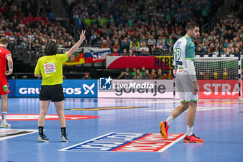 2024-01-15 - 2 minutes suspension for Nejc Cehte (Slovenia) during the Men’s EHF Euro 2024 match between Norway vs. Slovenia at the Mercedes-Benz Arena in Berlin, Germany - MEN'S EHF EURO 2024 - NORWAY VS SLOVENIA - HANDBALL - OTHER SPORTS