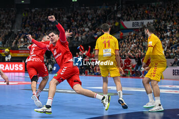 2024-01-16 - Happiness of Luka Maros (Swiss) after scores a goal during the Men’s EHF Euro 2024 match between North Macedonia vs. Swiss at the Mercedes-Benz Arena in Berlin, Germany - MEN'S EHF EURO 2024 - NORTH MACEDONIA VS SWISS - HANDBALL - OTHER SPORTS