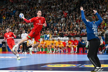 2024-01-16 - Andre Schmid (Swiss) in action against Marko Kizikj (North Macedonia) during the Men’s EHF Euro 2024 match between North Macedonia vs. Swiss at the Mercedes-Benz Arena in Berlin, Germany - MEN'S EHF EURO 2024 - NORTH MACEDONIA VS SWISS - HANDBALL - OTHER SPORTS