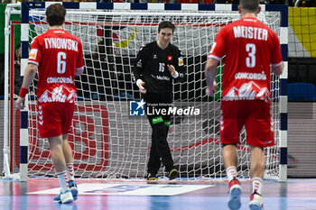 2024-01-16 - Happiness of Nikola Portner (Swiss) after scores an empty goal during the Men’s EHF Euro 2024 match between North Macedonia vs. Swiss at the Mercedes-Benz Arena in Berlin, Germany - MEN'S EHF EURO 2024 - NORTH MACEDONIA VS SWISS - HANDBALL - OTHER SPORTS
