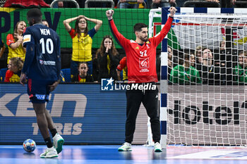 2024-01-16 - Happiness of Remi Desbonnet (France) after saves the ball during the Men’s EHF Euro 2024 match between France vs. Germany at the Mercedes-Benz Arena in Berlin, Germany - MEN'S EHF EURO 2024 - FRANCE VS GERMANY - HANDBALL - OTHER SPORTS