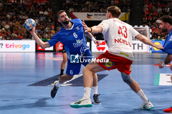 2024-01-13 - Theodoros Boskos of Greece and Simon Bogetoft Pytlick of Denmark during the Men's Euro 2024, Group F handball match between Greece and Denmark on January 13, 2024 at Olympiahalle in Munich, Germany - HANDBALL - MEN'S EHF EURO 2024 - GREECE V DENMARK - HANDBALL - OTHER SPORTS
