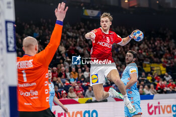 2024-01-17 - Mathias Gidsel of Denmark during the Men's EHF Euro 2024, Group E handball match between Denmark and Netherlands on January 17, 2024 at Barclays Arena in Hamburg, Germany - HANDBALL - MEN'S EHF EURO 2024 - DENMARK V NETHERLANDS - HANDBALL - OTHER SPORTS