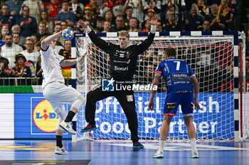 2024-01-18 - 7mt. throw Juri Knorr (Germany) during the Men’s EHF Euro 2024 match between Germany vs. Iceland at the Lanxess Arena in Berlin, Cologne - MEN'S EHF EURO 2024 - GERMANY VS ICELAND - HANDBALL - OTHER SPORTS
