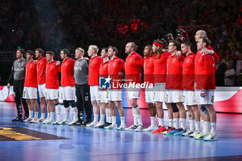 2024-01-28 - Denmark lined up for the national anthems ceremony during 2nd and 1st place final of the Men’s EHF Euro 2024 match between France vs Denmark at the Lanxess Arena, Cologne, Germany - MEN'S EHF EURO 2024 - FINAL - FRANCE VS DENMARK - HANDBALL - OTHER SPORTS
