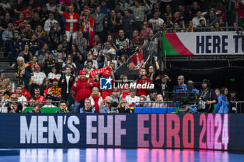 2024-01-28 - Denmark supporters during 2nd and 1st place final of the Men’s EHF Euro 2024 match between France vs Denmark at the Lanxess Arena, Cologne, Germany - MEN'S EHF EURO 2024 - FINAL - FRANCE VS DENMARK - HANDBALL - OTHER SPORTS