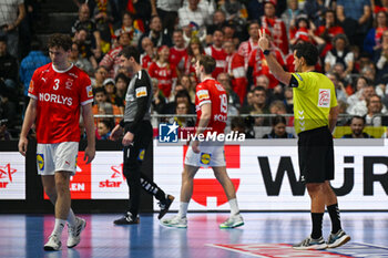 2024-01-28 - 2 minutes suspension for Niclas Vest Kirkelokke (Denmark) during 2nd and 1st place final of the Men’s EHF Euro 2024 match between France vs Denmark at the Lanxess Arena, Cologne, Germany - MEN'S EHF EURO 2024 - FINAL - FRANCE VS DENMARK - HANDBALL - OTHER SPORTS
