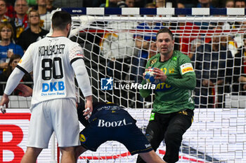 2024-01-28 - Andreas Palicka (Sweden) saves the ball during 3rd and 4th place final of the Men’s EHF Euro 2024 match between Sweden vs Germany at the Lanxess Arena, Cologne, Germany - MEN'S EHF EURO 2024 - PLACEMENT MATCH 3/4 - SWEDEN VS GERMANY  - HANDBALL - OTHER SPORTS
