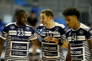 2024-11-22 - Junior TUZOLANA, Romain BRIFFE and Ludwig APPOLINAIRE of Cesson-Rennes during the French championship, Liqui Moly Starligue handball match between Cesson-Rennes MH and Limoges Handball on 22 November 2024 at Glaz Arena in Cesson-Sévigné, France - HANDBALL - FRENCH CHAMP - CESSON RENNES V LIMOGES - HANDBALL - OTHER SPORTS